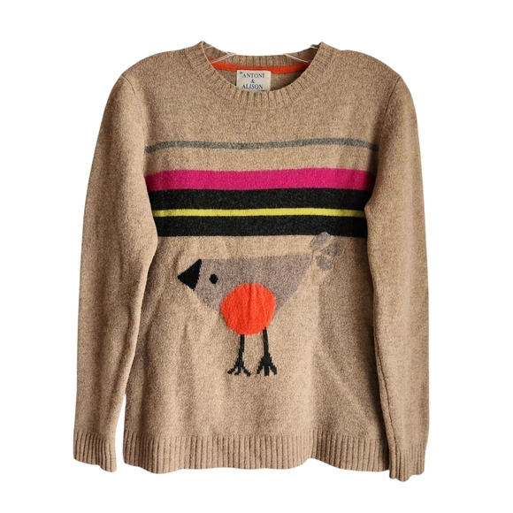 Antoni & Alison Merino Wool Sweater Women M/L Beige Striped Bird Knit Pullover - Picture 1 of 8